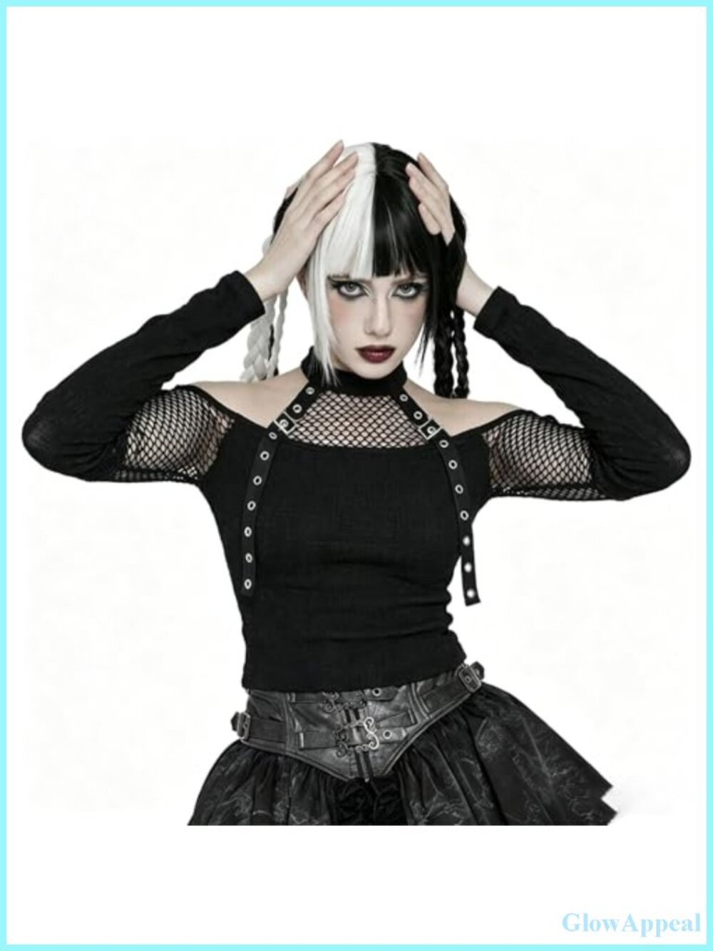 Gothic Crop Top with Fishnet Mesh, Cold Shoulder Punk Halter Neck Blouse - Picture 4 of 6